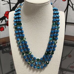 Blue & Green Triple Strand Beaded Necklace